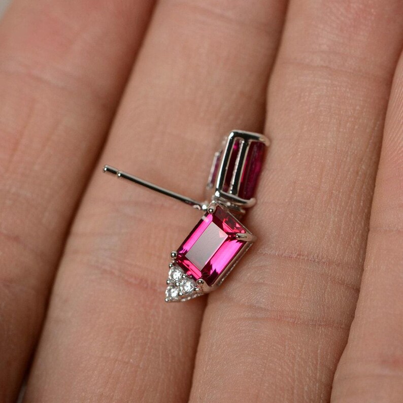 Lab Ruby Earrings Stud Silver image 2