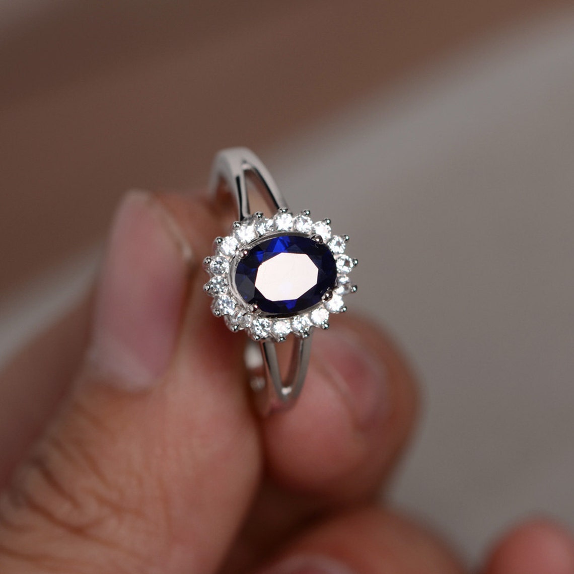 Lab Sapphire Ring Silver Dark Blue Gemstone Ring Promise Ring Etsy