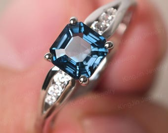 Asscher Cut November Birthstone Ring 14K White Gold  1.40 Carat London Blue Topaz Cocktail Ring