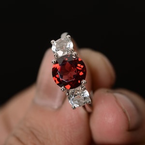 Natural Garnet Ring Red Gemstone Ring Three Stone Ring January Birthstone Ring Sterling Silver