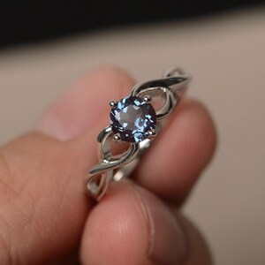 Lab Alexandrite Rings Sterling Silver Rings Round Cut  Color Changing Gemstone Rings June Birthstone Rings Vintage Rings