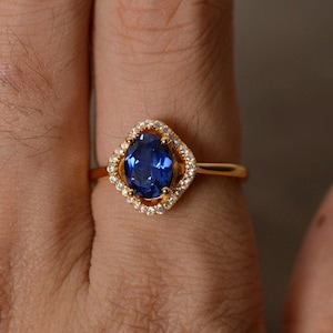 Lab Sapphire Ring Yellow Gold Plated Silver Ring September Birthday Ring Oval Cut Gemstone