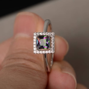 Jubiläumsring Mystic Topas Ring Square Cut Regenbogen Edelstein Ring Sterling Silber Ring
