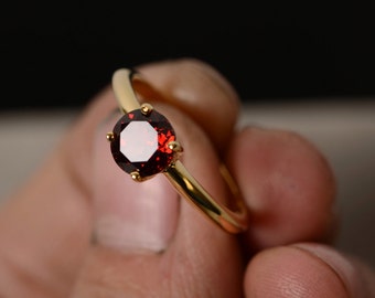 Red Garnet Solitaire Ring Yellow Gold Plated Silver Ring January birthstone