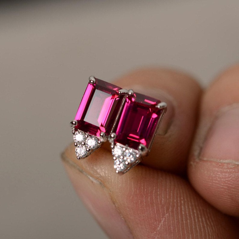 Lab Ruby Earrings Stud Silver image 1