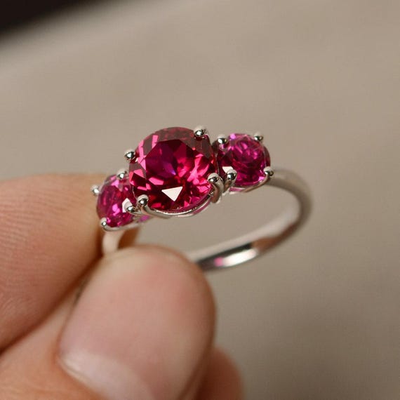 Handmade Three Stone Lab Ruby Ring, Sterling Silver Promise Ring