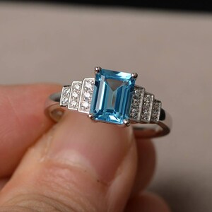 Swiss Blue Topaz Ring Wedding Ring Sterling Silver Ring Emerald Cut Blue Gemstone Ring