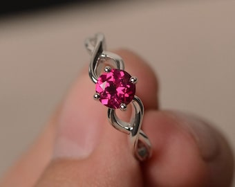 Lab rode robijn ring rond geslepen edelsteen ring juli geboortesteen solitaire ring sterlingzilveren ring verlovingsring