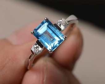 Swiss Blue Topaz Ring Emerald Cut Blue Gemstone Ring For Women Sterling Silver