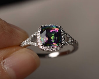 Mystic Topaz Ring Wedding Ring Cushion Cut Rainbow Gemstone Sterling Silver Ring for Women