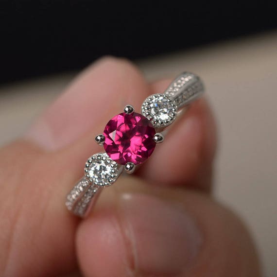 Rojo Rubí Compromiso Anillos Redondo Corte Rojo Piedras | Etsy México