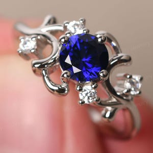Sapphire Cluster Wedding Ring Sterling Silver Round Cut 6 mm September Birthstone Ring
