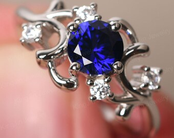 Sapphire Cluster Wedding Ring Sterling Silver Round Cut 6 mm September Birthstone Ring