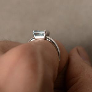 Natural Aquamarine Ring Solitaire Ring Sterling Silver Princess Cut Ring March Birthstone Ring image 4