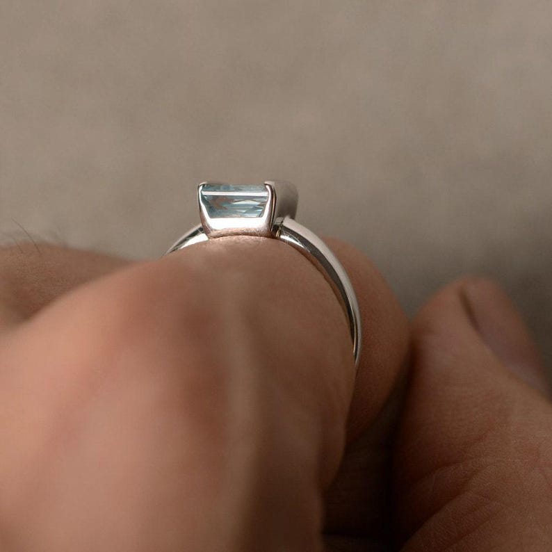 Natural Aquamarine Ring Solitaire Ring Sterling Silver Princess Cut Ring March Birthstone Ring image 4