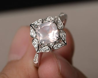 Proposal Ring Natural Rose Quartz Ring Cushion Cut Pink Gemstone Sterling Silver Ring Anniversary Gifts