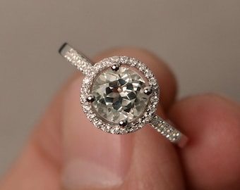 Anillo de compromiso de amatista verde para niña, anillo de halo de piedras preciosas verdes naturales, plata de ley 925