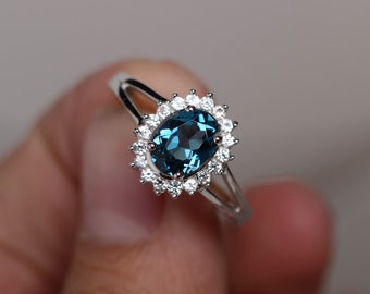London Blue Topaz Ring Silver Gemstone Ring Engagement Ring Promise Ring Wedding Ring