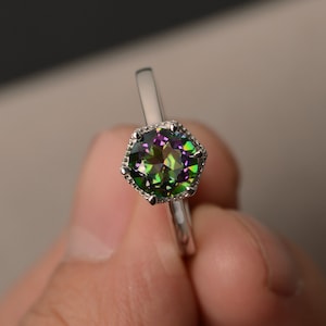 Rings Mystic Topaz Halo Ring Round Cut Rainbow Topaz Ring Promise Ring for Her Sterling Silver