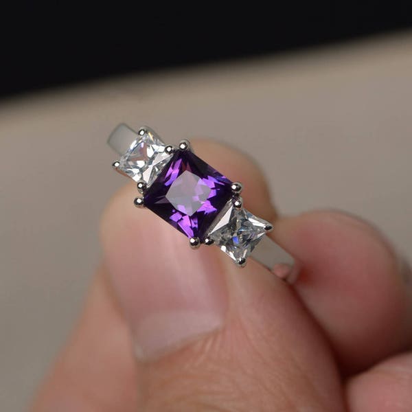 Natural Amethyst Rings Princess Cut Purple Gemstone Rings February Birthstone Silver Rings Vintage Ring