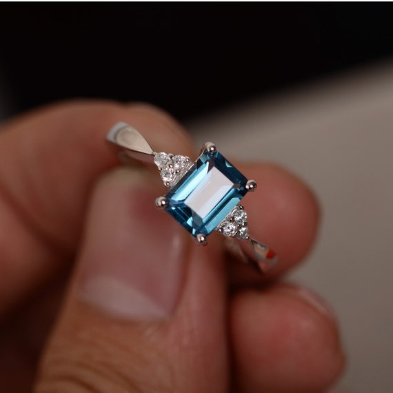London Blue Topaz Ring Emerald Cut Gemstone Ring Sterling | Etsy