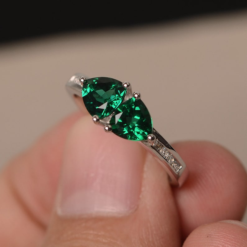 Lab Emerald Ring Engagement Ring Trillion Cut Green Gemstone Sterling Silver Ring May Birthstone Ring Engagement Ring