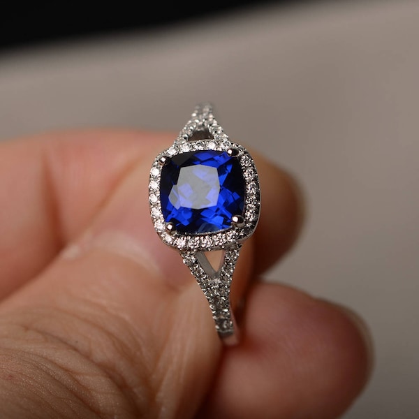 Cushion Cut Blue Gemstone Lab Sapphire Ring Engagement Ring September Birthstone Sterling Silver Ring