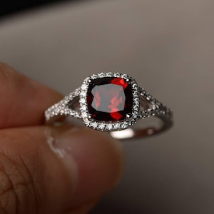 Natural Garnet Ring Promise Ring January Birthstone Cushion Cut Red Gemstone Sterling Silver Ring
