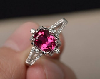 Ruby Wedding Rings July Birthstone Cushion Cut Red Gemstone Rings Solid Silver Rings