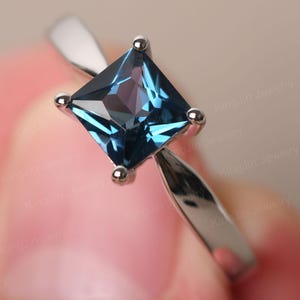 Simple Princess Cut 1.24 Carat London Blue Topaz Statement Ring Sterling Silver November Birthstone Ring