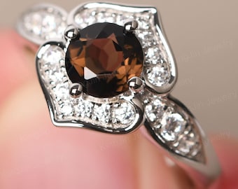 Unique Double Heart Shaped Ring Silver Round Cut 0.81 Carat Smoky Quartz Flower Engagement Ring