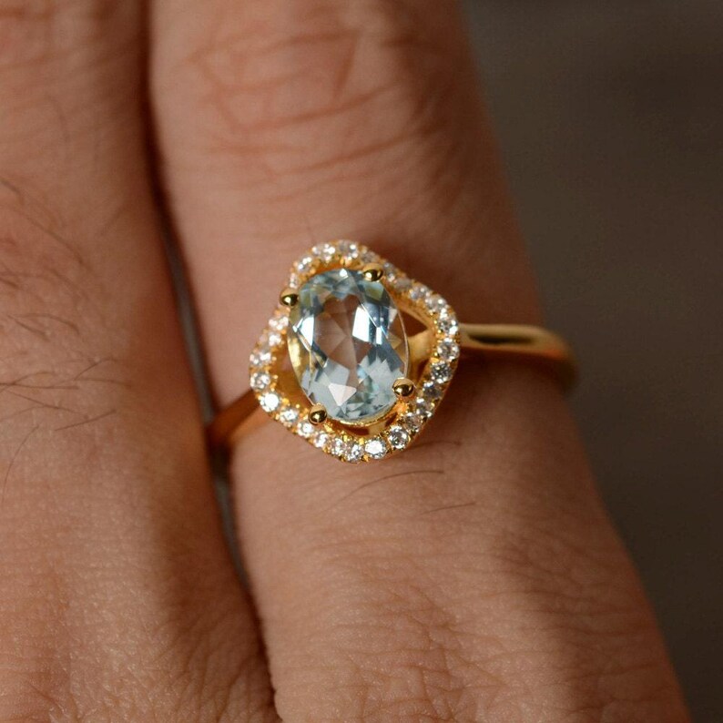Aquamarine Ring Yellow Gold Plated Silver Promise Clover Ring March Birthstone Ring image 1
