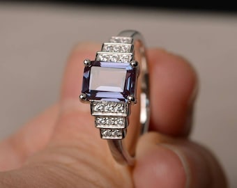Lab Alexandrite Ring Engagement Ring Emerald Cut Color Change Gemstone Sterling Silver Ring June Birthstone