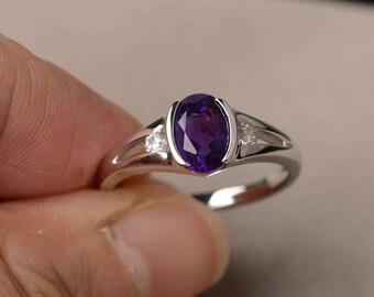 Echte natuurlijke amethist ring verlovingsring sterlingzilveren ring ovaal geslepen edelsteen februari geboortesteen