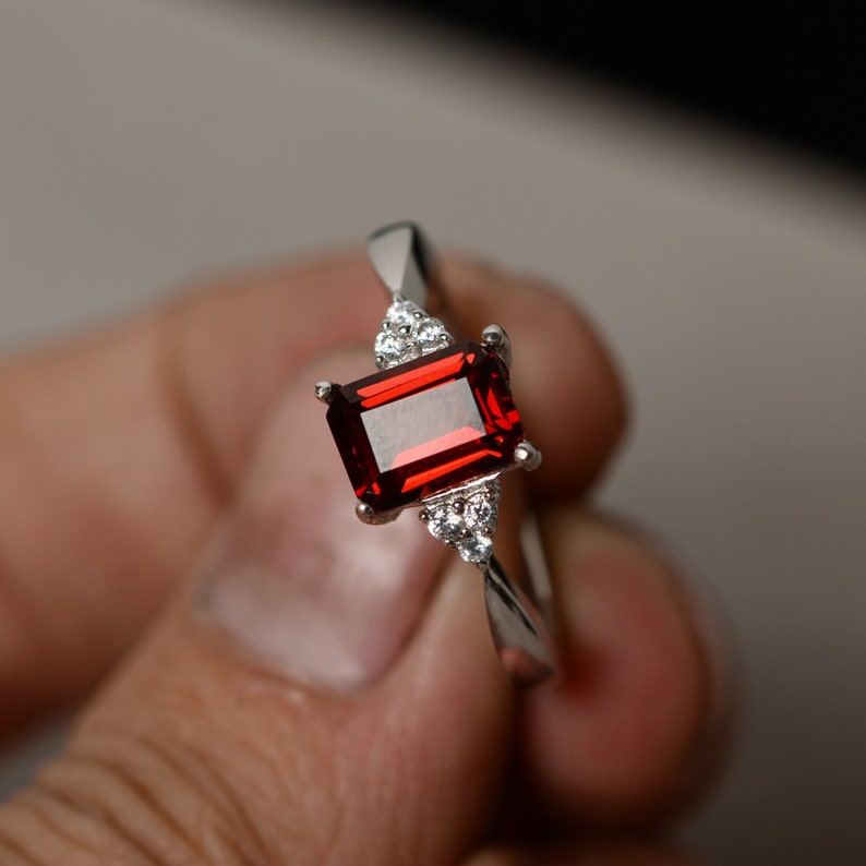 Natural Garnet Ring Emerald Cut Red Gemstone Ring Sterling - Etsy