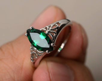 Emerald Rings Cocktail Rings May Birthstone Marquise Cut Rings Sterling Silver Rings  Solitaire Rings