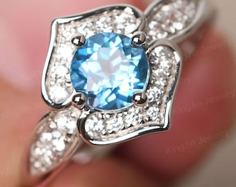 Real Swiss Blue Topaz 2 Heart Ring 14K White Gold Flower November Birthstone Ring