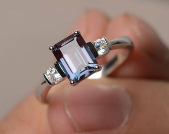 Emerald Cut Alexandrite Promise Ring June Birthstone Solid Silver Color Changing rectangle ring