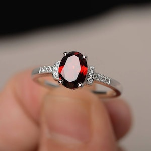 Genuine Garnet Engagement Promise Ring Sterling Silver Ring Oval Cut Red Gemstone Ring January Birthstone Ring
