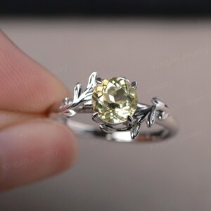 Lemon quartz ring dainty solitaire ring round cut branch & leaves ring for women