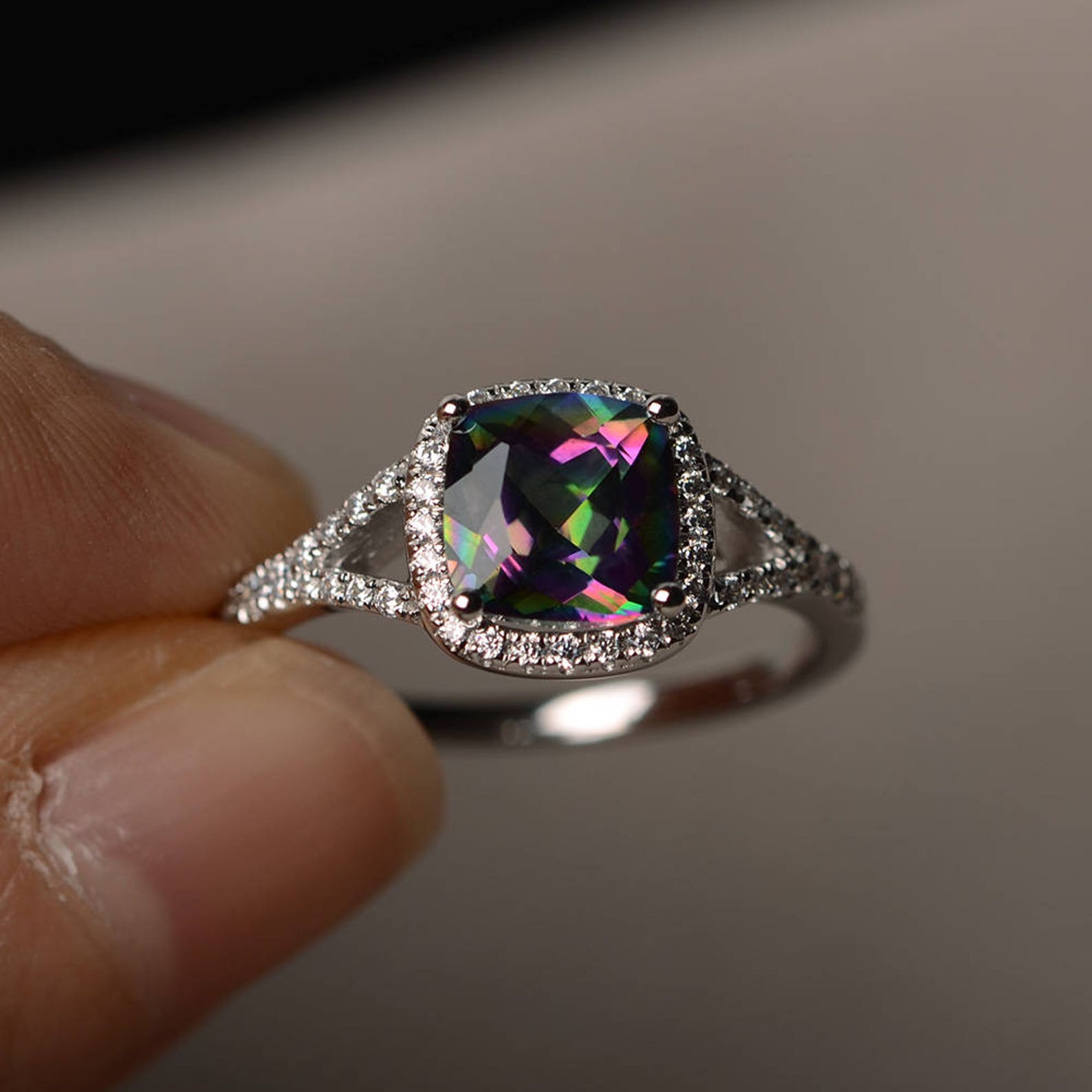Mystic Topaz Ring Wedding Ring Cushion Cut Rainbow Gemstone Etsy