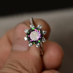 Mystic Topaz Ring Round Cut Engagement Ring Sterling Silver Promise Ring Mystic Topaz