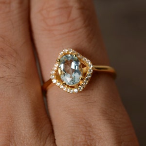 Aquamarine Ring Yellow Gold Plated Silver Promise Clover Ring March Birthstone Ring