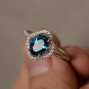 Blue Topaz Ring Oval Gemstone Prosmie Ring Sterling Silver