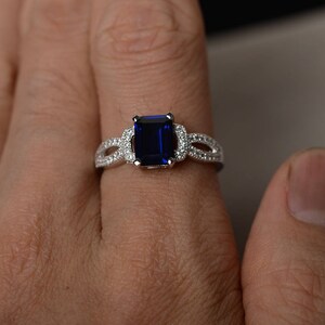 Lab Sapphire Engagement Ring Emerald Cut Gemstone Jewelry Silver Rings image 3