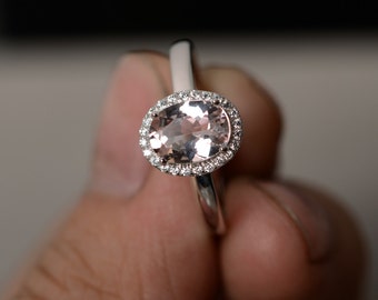 Natural Morganite Ring Oval Gemstone Engagement Ring Promise Ring For Her Sterling Silver Ring