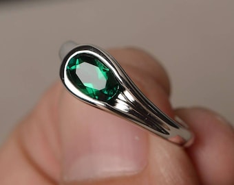Vorschlag Ring Smaragd Ring Mai Birthstone Ring Oval Cut Grün Edelstein Sterling Silber Ring Solitaire Ring