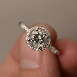 Green Amethyst Rings Engagement Ring for Girl Natural Green Gemstone Rings Halo Ring Sterling Silver 925