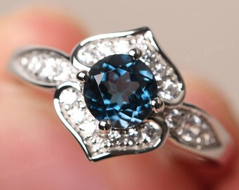 Round Cut 6 mm November Birthstone Ring Sterling Silver London Blue Topaz Flora Bridal Ring