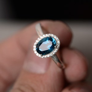 London Blue Topaz Ring Sterling Silver Gemstone Ring Oval Cut Ring